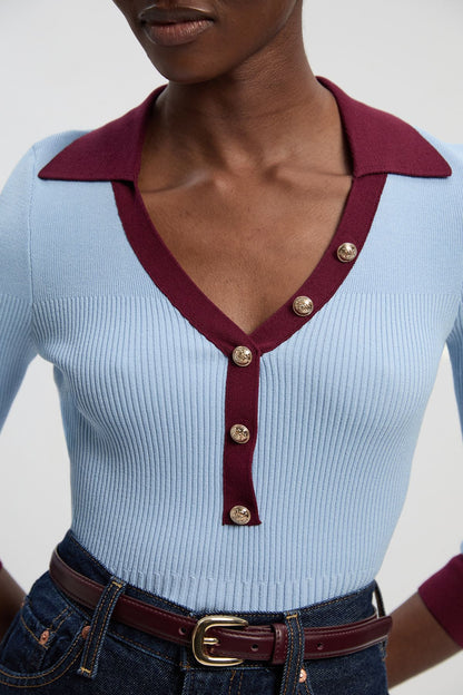 Knit Rib With Contrast Hem Detail Collared Top
