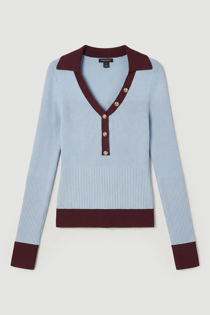 Knit Rib With Contrast Hem Detail Collared Top