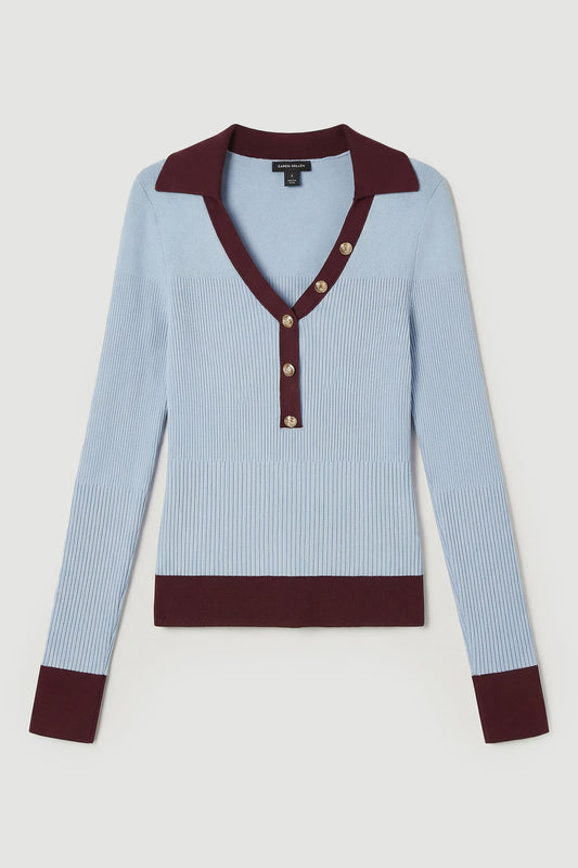Knit Rib With Contrast Hem Detail Collared Top