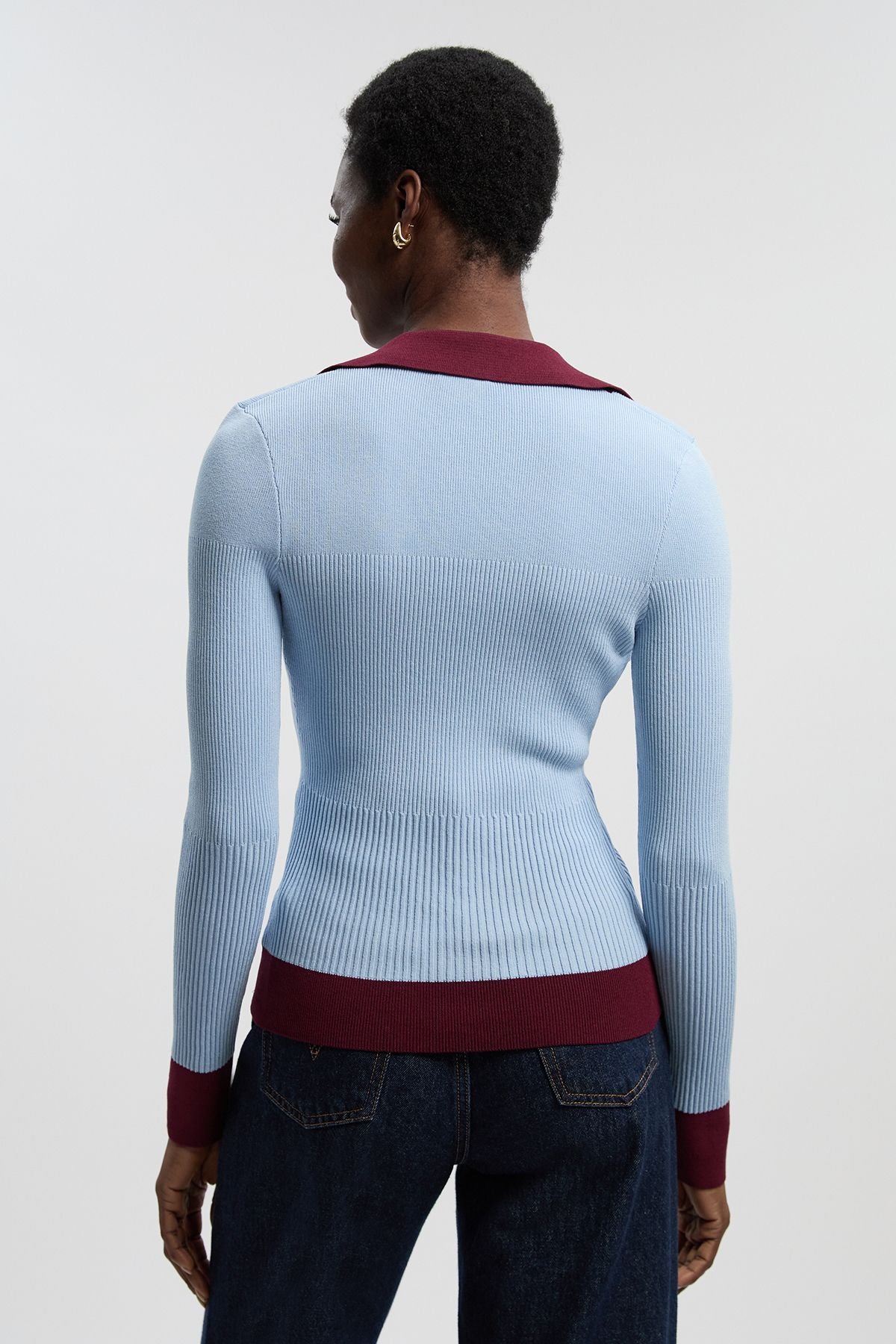 Knit Rib With Contrast Hem Detail Collared Top