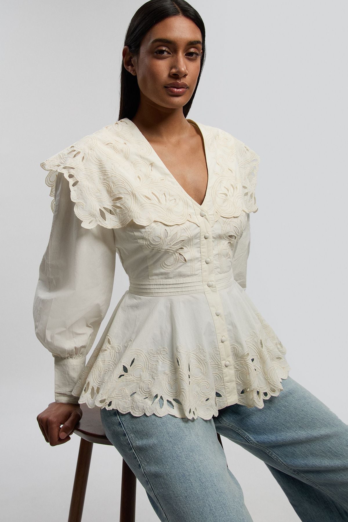 Cutwork Button Collar Detail Woven Blouse