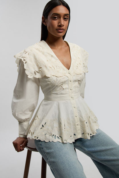 Cutwork Button Collar Detail Woven Blouse