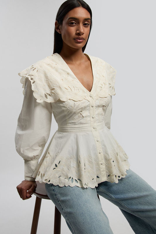 Cutwork Button Collar Detail Woven Blouse