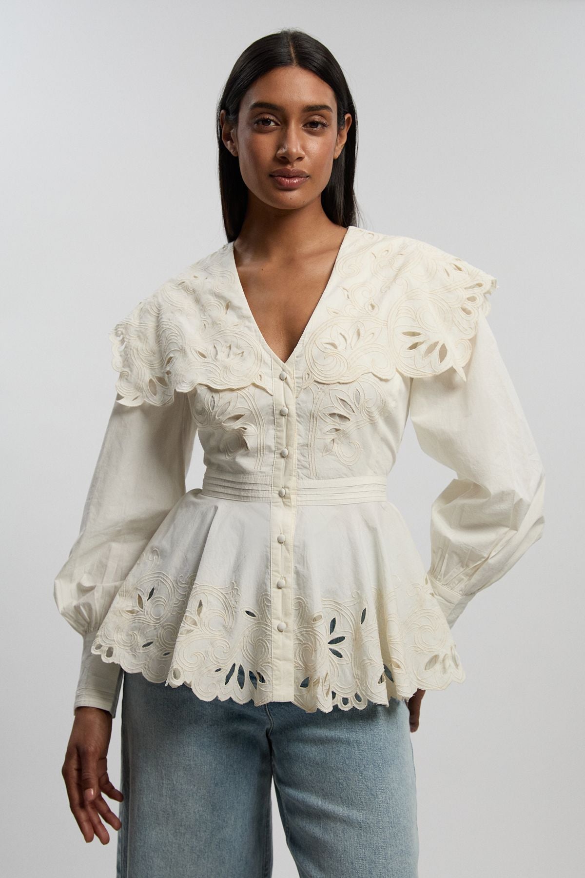 Cutwork Button Collar Detail Woven Blouse