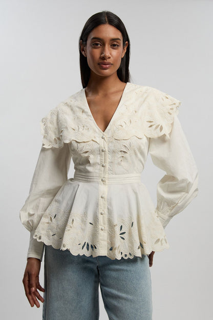Cutwork Button Collar Detail Woven Blouse