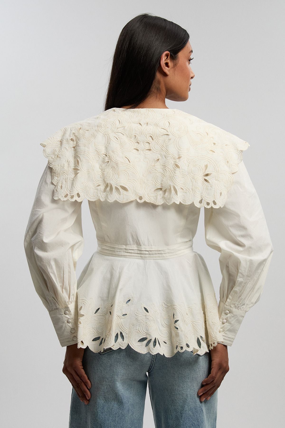 Cutwork Button Collar Detail Woven Blouse