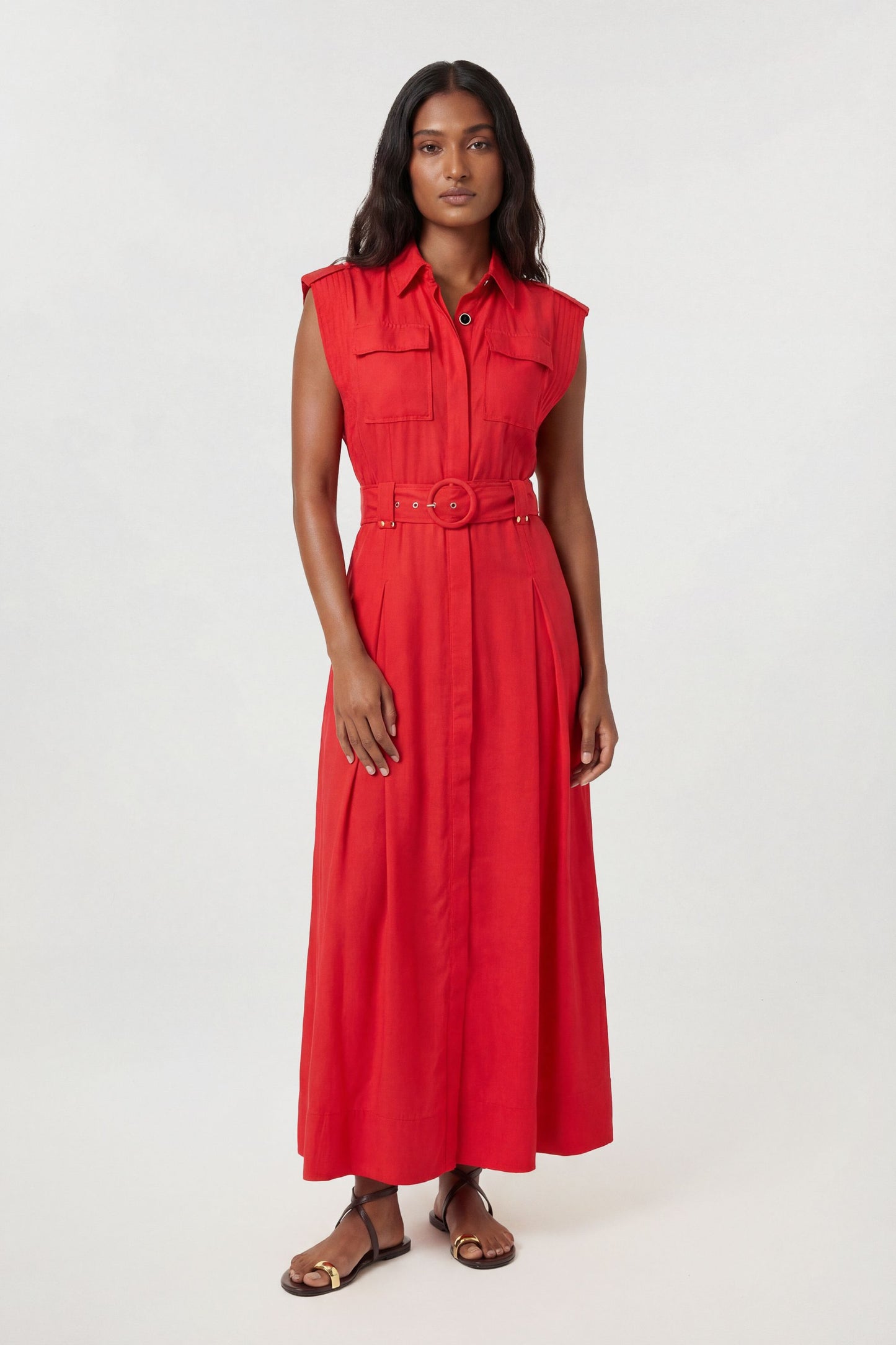 Premium Viscose Linen Belted Woven Midaxi Dress With Gold Hardware Detail
