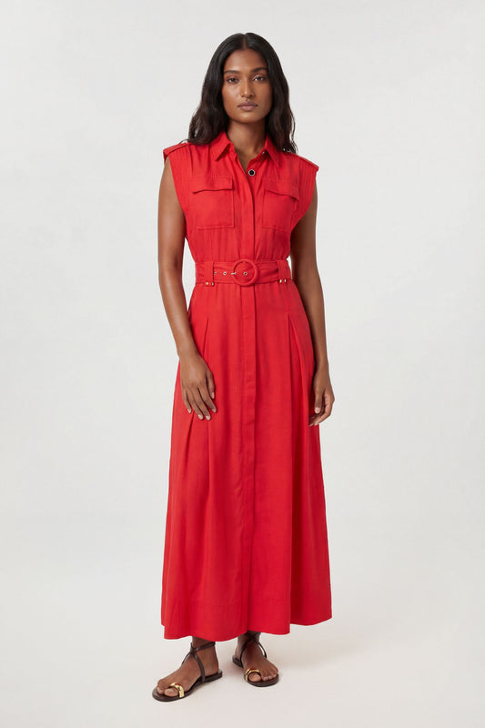 Premium Viscose Linen Belted Woven Midaxi Dress With Gold Hardware Detail