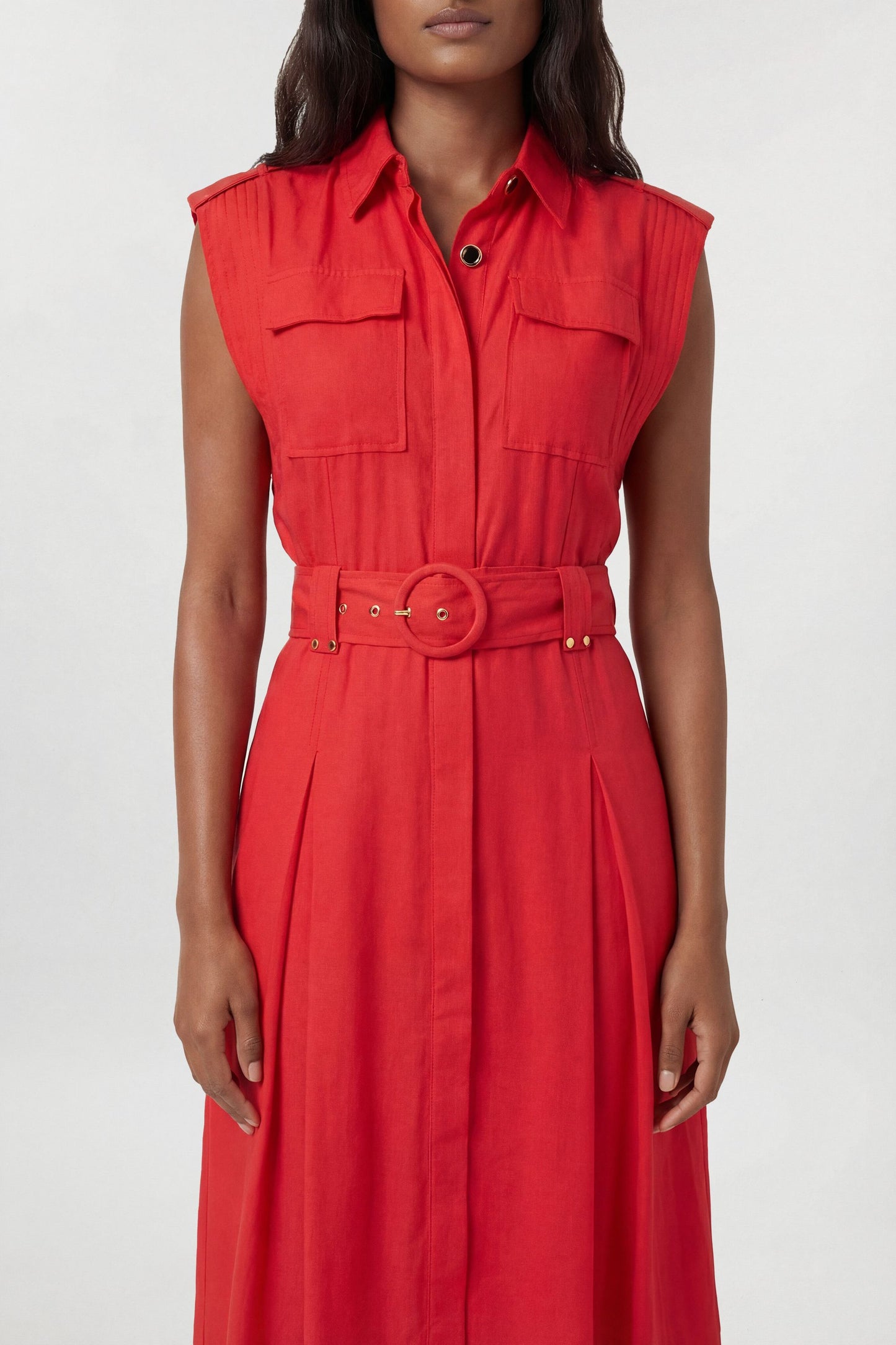 Premium Viscose Linen Belted Woven Midaxi Dress With Gold Hardware Detail