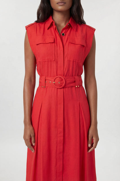 Premium Viscose Linen Belted Woven Midaxi Dress With Gold Hardware Detail