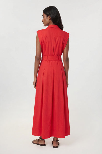 Premium Viscose Linen Belted Woven Midaxi Dress With Gold Hardware Detail