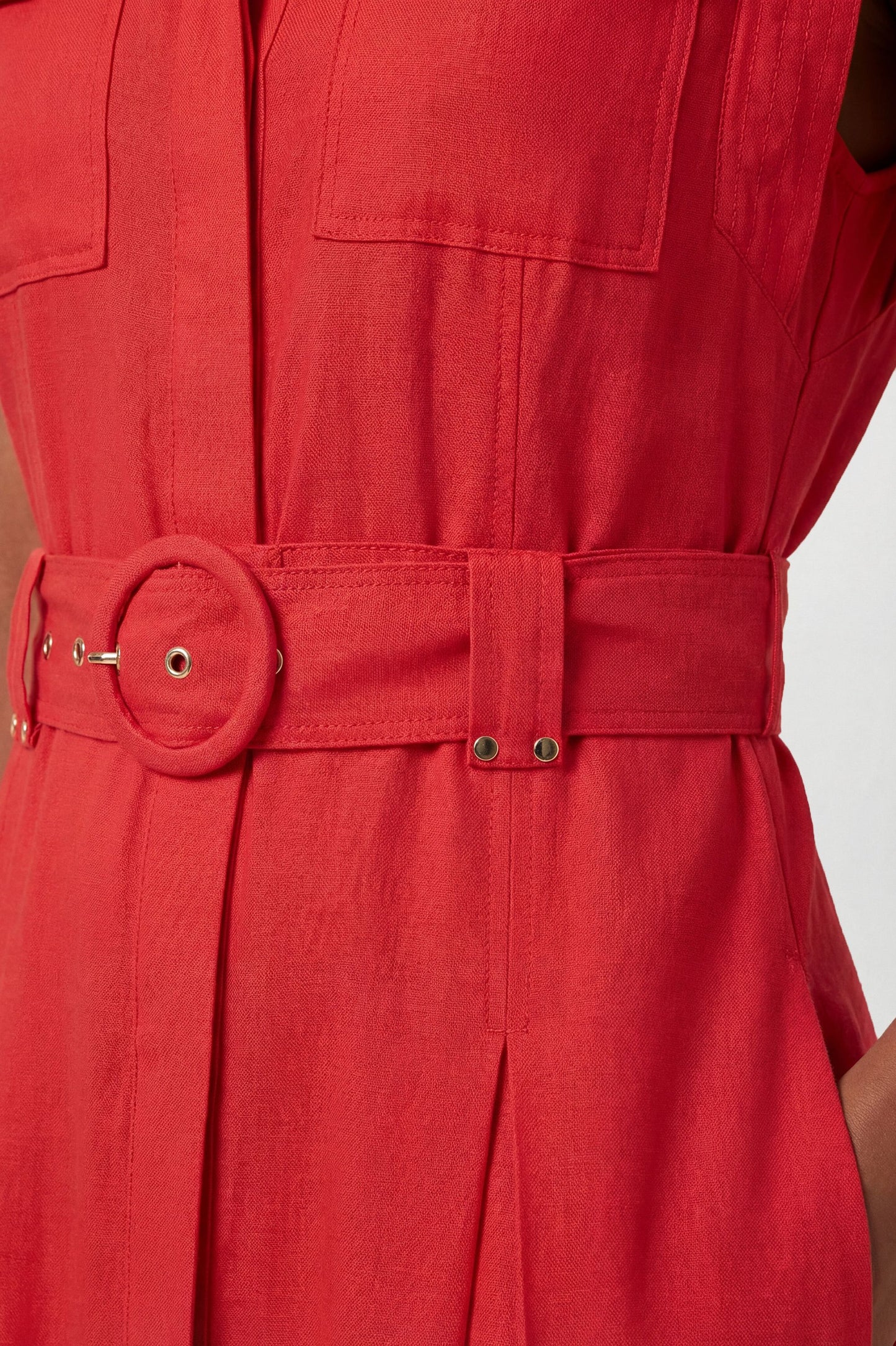 Premium Viscose Linen Belted Woven Midaxi Dress With Gold Hardware Detail