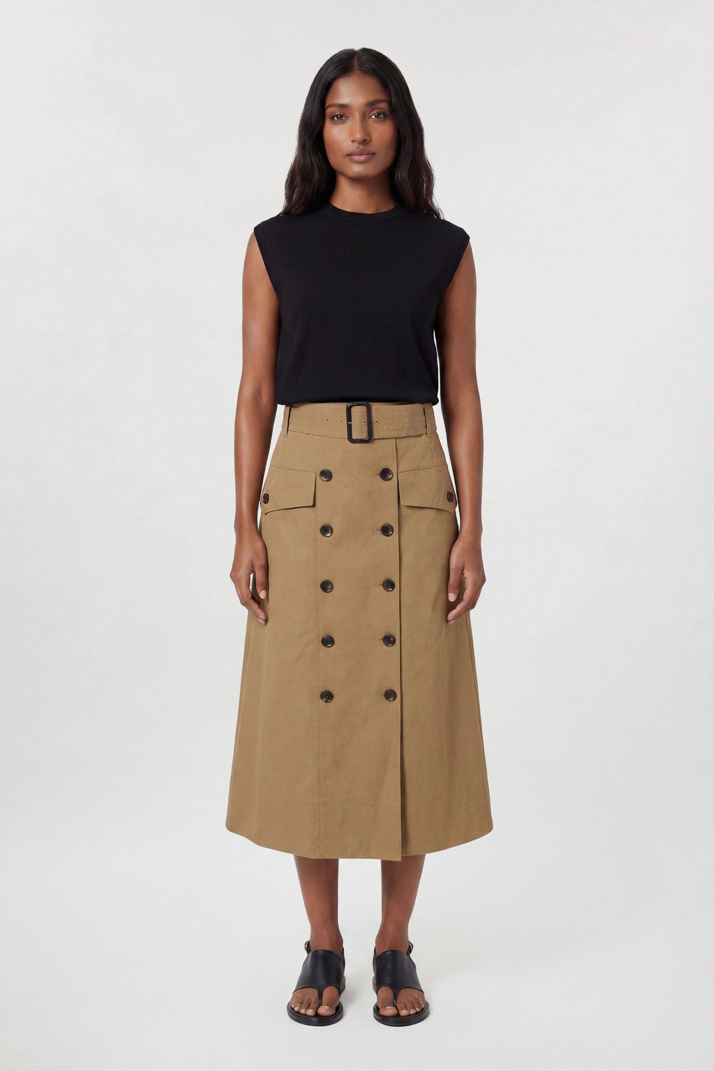 Tailored Cotton Trench Button Front Pleated Skirt