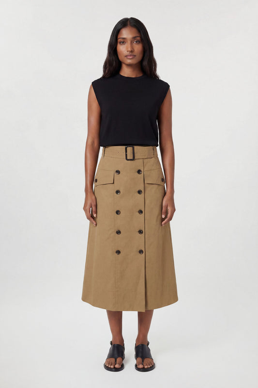 Tailored Cotton Trench Button Front Pleated Skirt