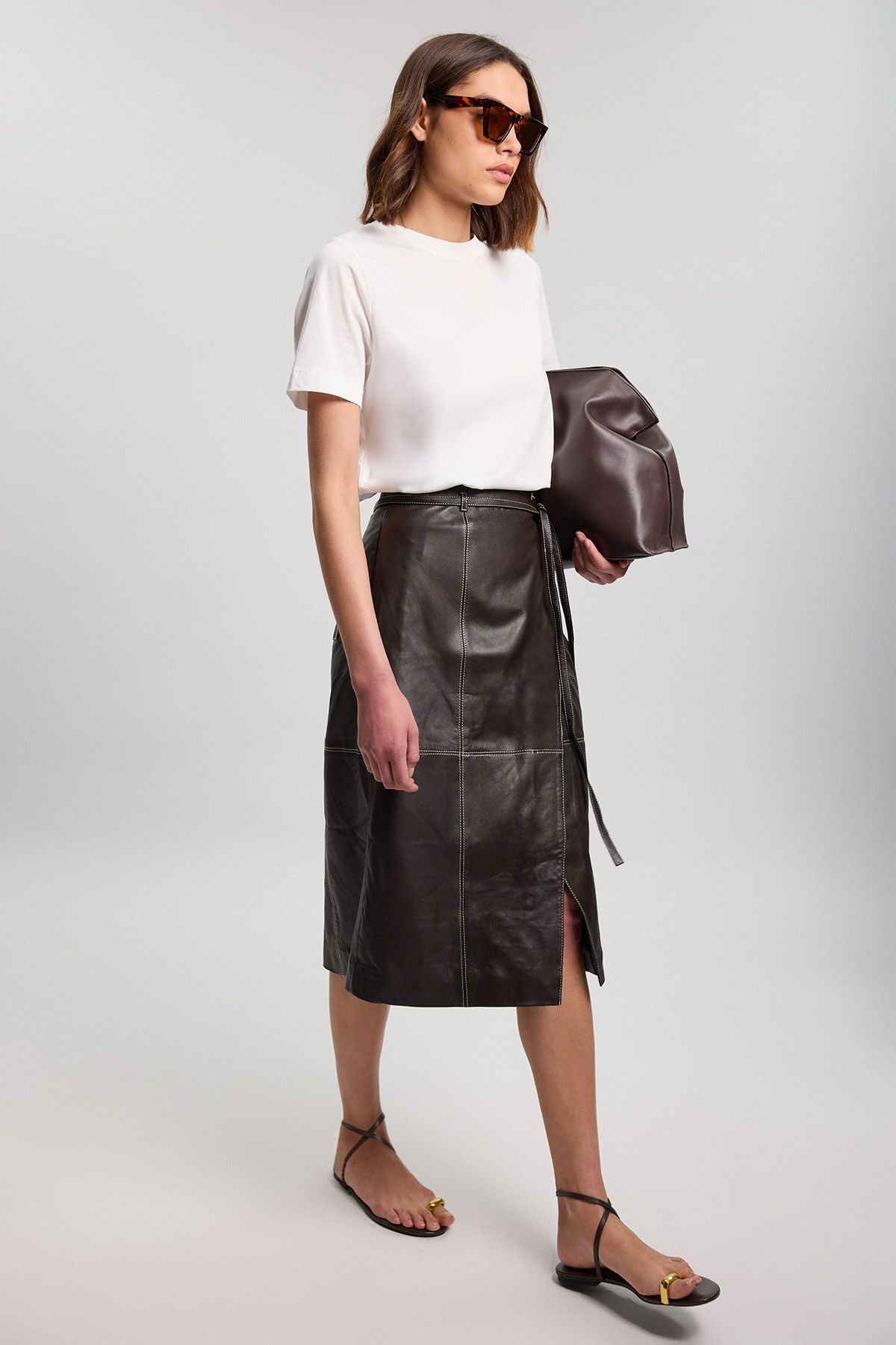 Leather Tie Up Belted Midi Skirt