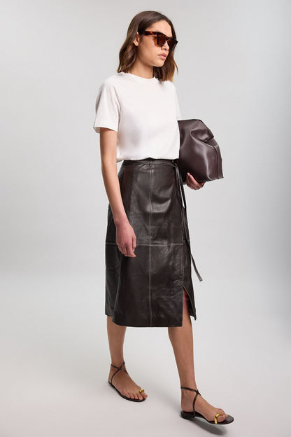 Leather Tie Up Belted Midi Skirt