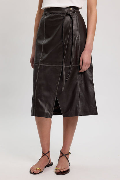 Leather Tie Up Belted Midi Skirt