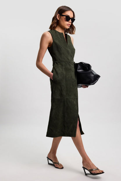 Suede Tie Belt Midi Dress