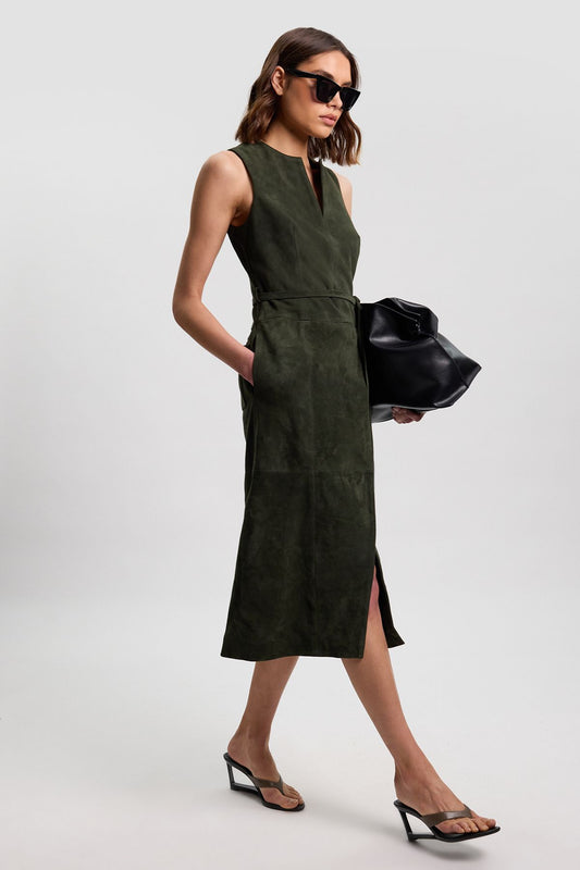 Suede Tie Belt Midi Dress