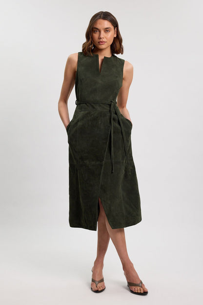 Suede Tie Belt Midi Dress