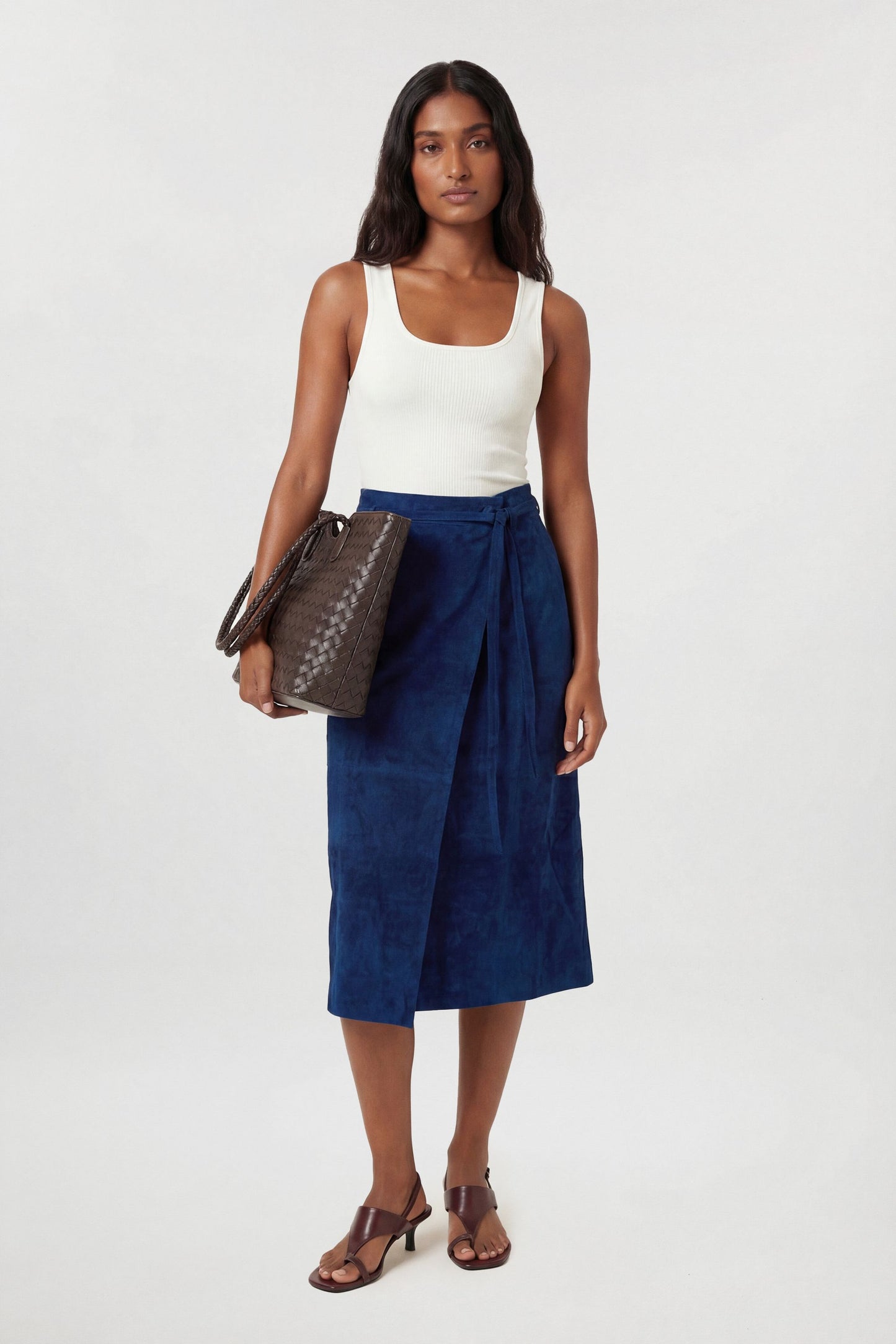 Suede Tie Belt Midi Skirt