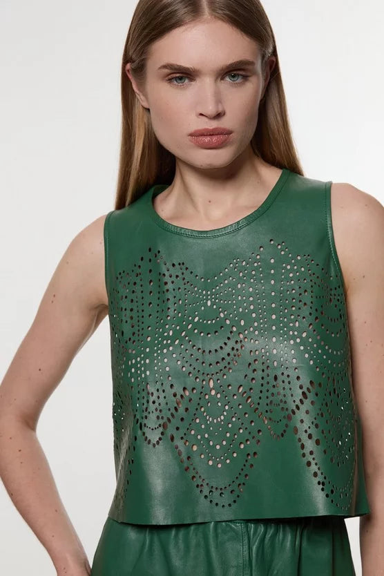 Amelia Graham Leather Cutwork Tailored Shell Top