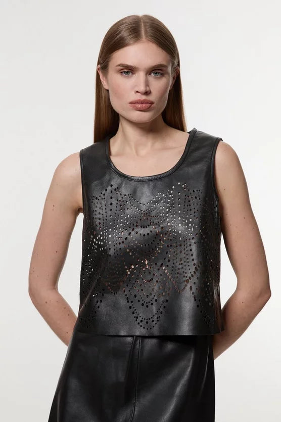 Amelia Graham Leather Cutwork Tailored Shell Top