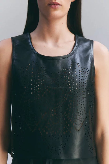 Amelia Graham Leather Cutwork Tailored Shell Top