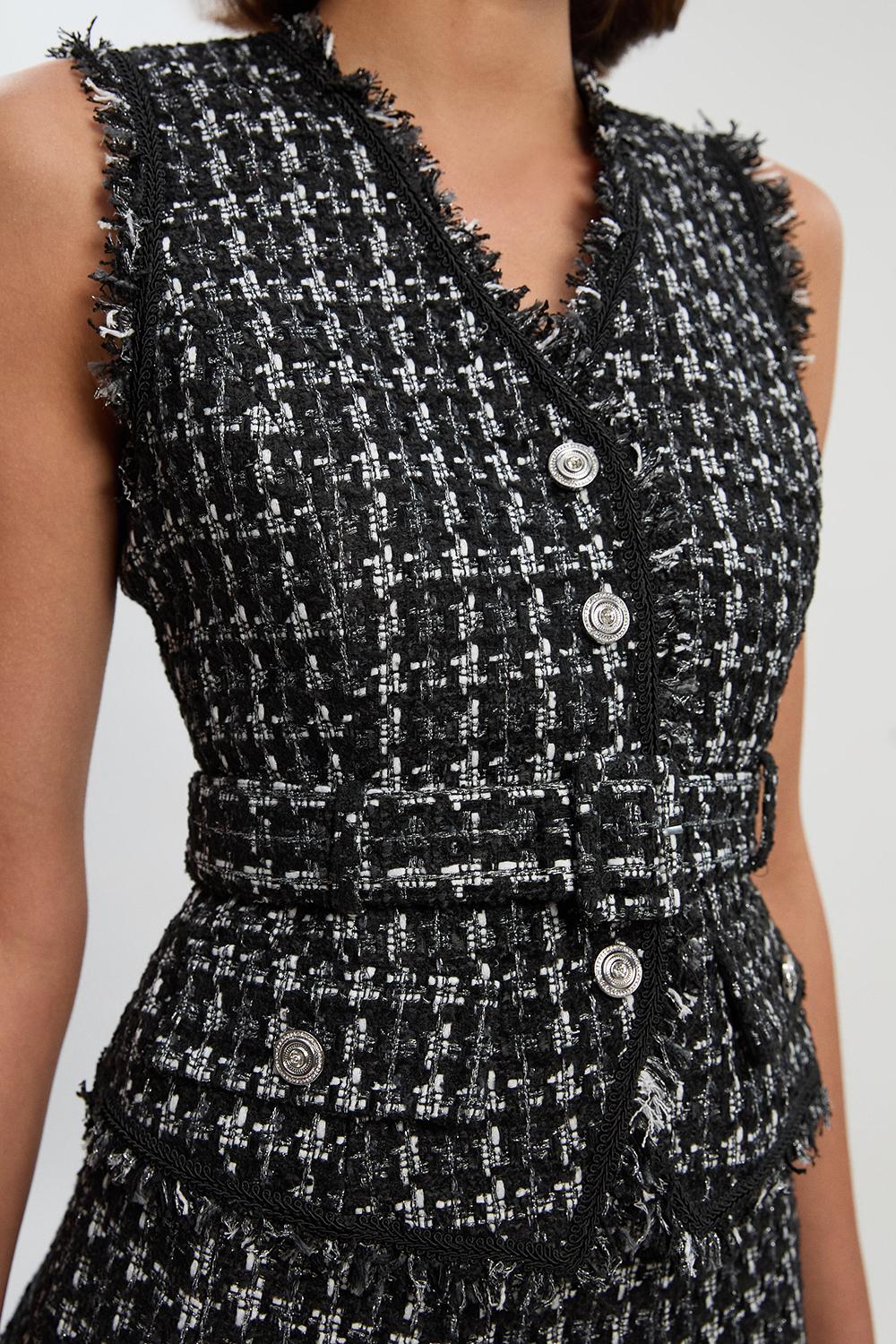 Boucle Tailored Sleeveless Satin Mix Full Skirted Midi Dress