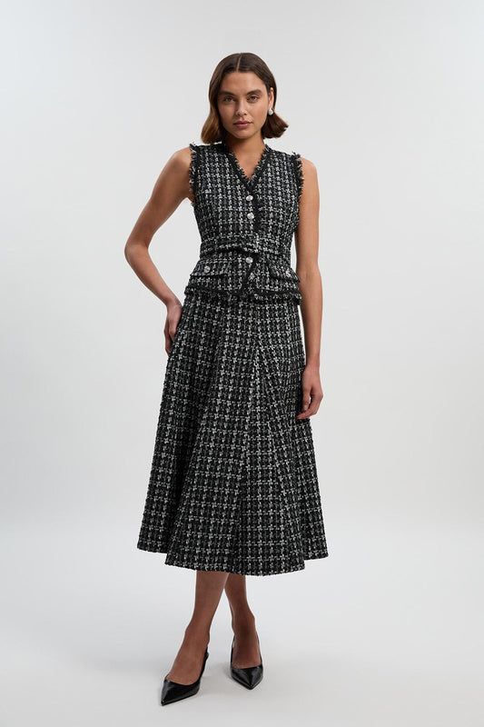 Boucle Tailored Sleeveless Satin Mix Full Skirted Midi Dress