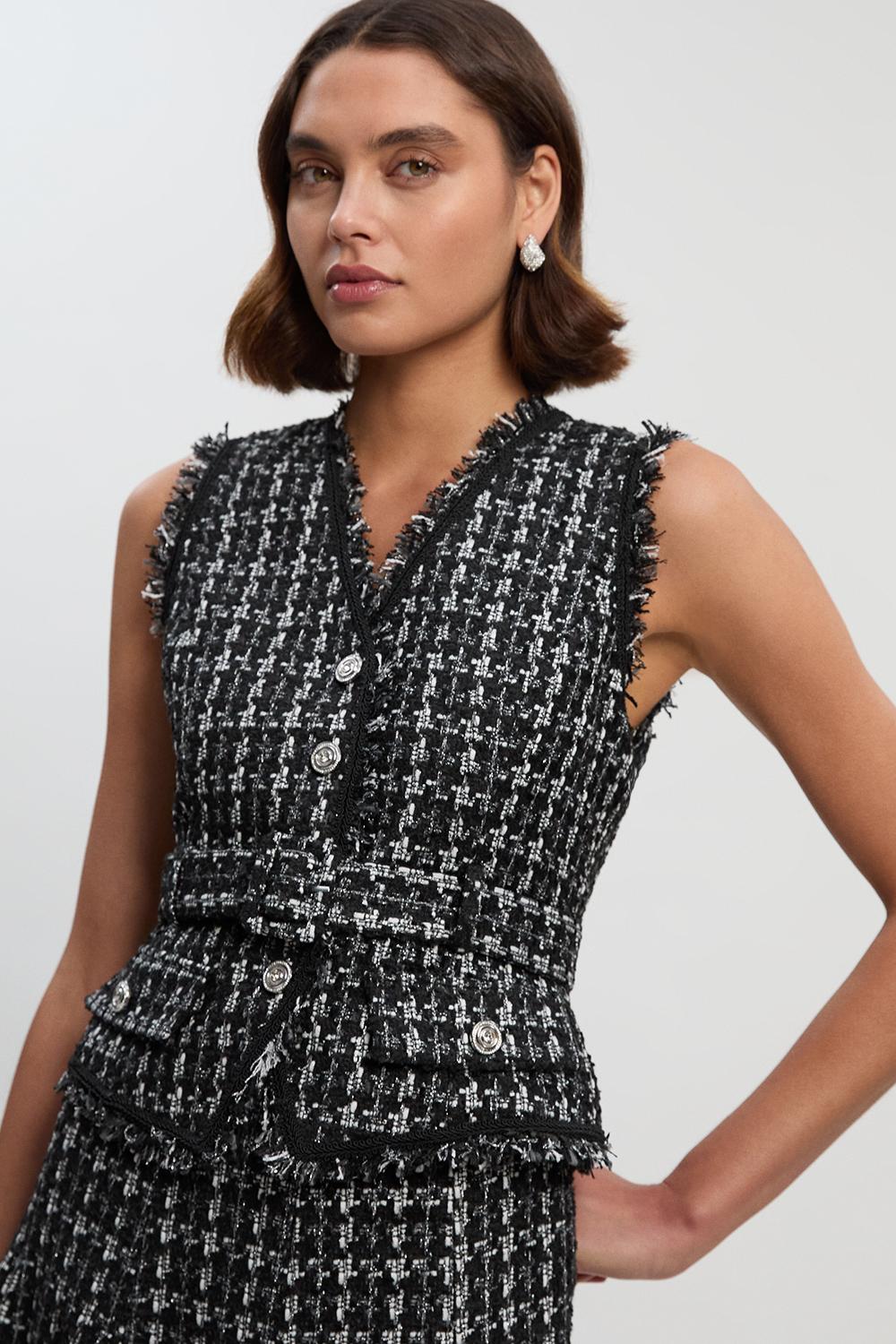 Boucle Tailored Sleeveless Satin Mix Full Skirted Midi Dress