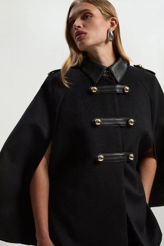 Brushed Wool PU Mix Tailored Cape Short Coat