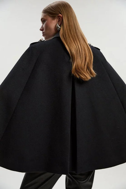 Brushed Wool PU Mix Tailored Cape Short Coat