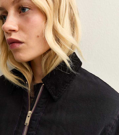 Black Contrast Collar Cropped Barn Jacket