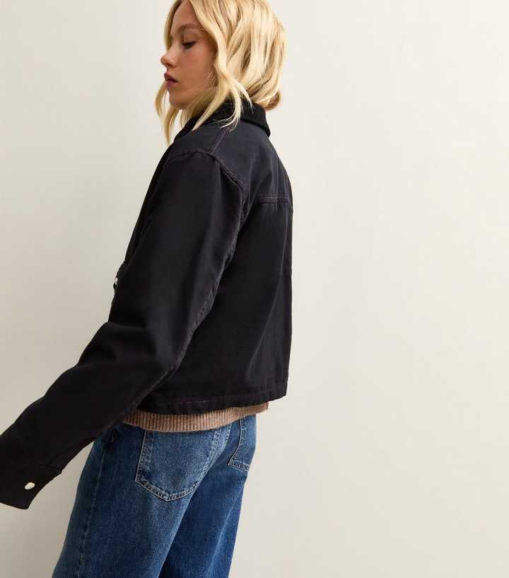Black Contrast Collar Cropped Barn Jacket
