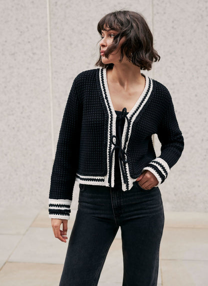 Black Contrast Cotton Blend Trim Cardigan