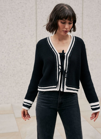 Black Contrast Cotton Blend Trim Cardigan