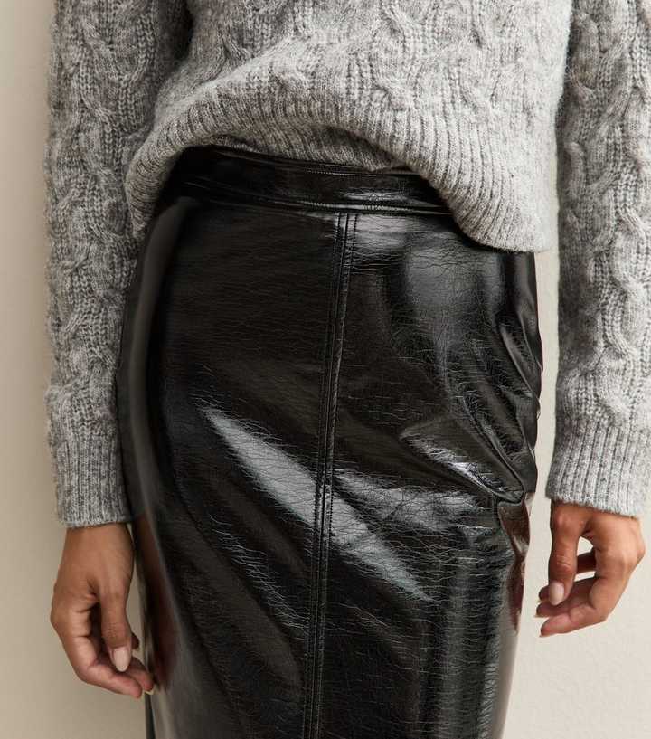Black Cracked Faux Leather Midi Skirt