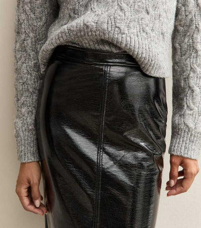 Black Cracked Faux Leather Midi Skirt
