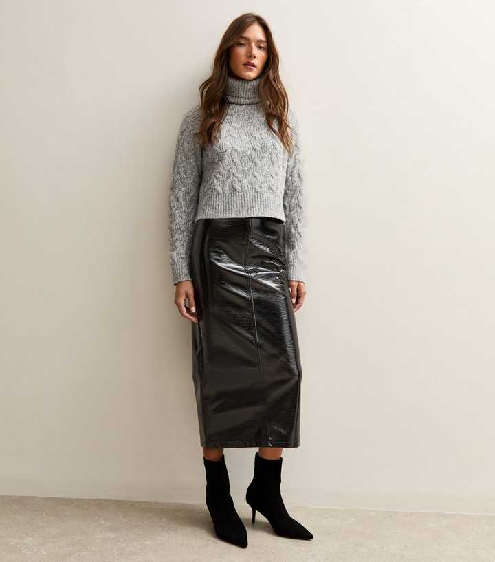 Black Cracked Faux Leather Midi Skirt