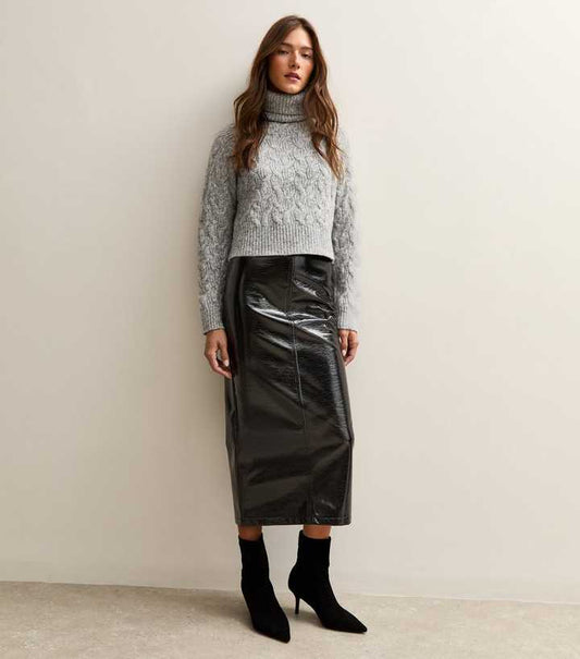 Black Cracked Faux Leather Midi Skirt