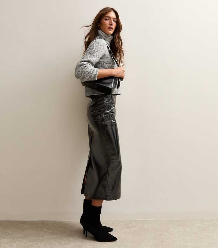 Black Cracked Faux Leather Midi Skirt