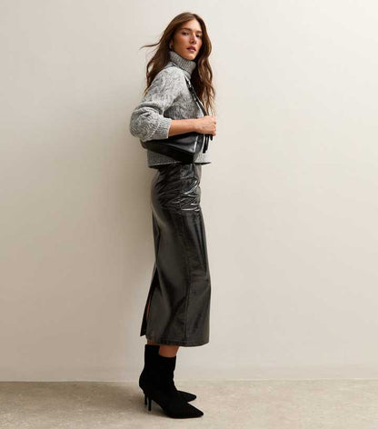 Black Cracked Faux Leather Midi Skirt