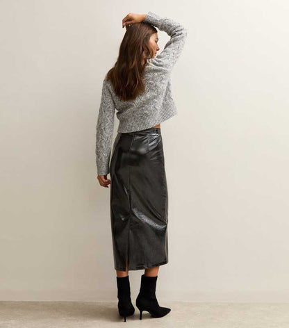 Black Cracked Faux Leather Midi Skirt