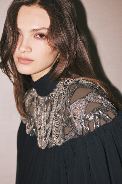 Crystal Embellished Cutwork Cape Detail Woven Drama Blouse