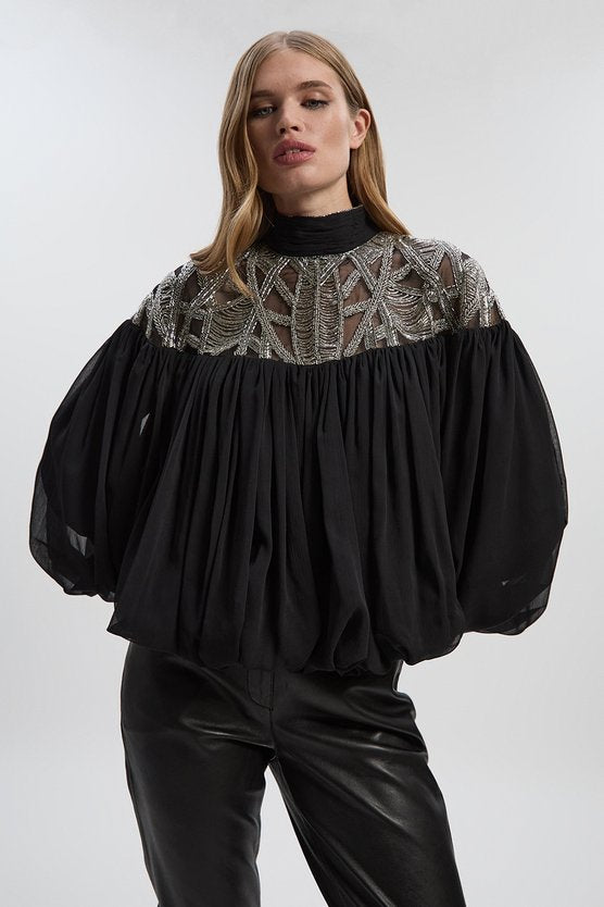 Crystal Embellished Cutwork Cape Detail Woven Drama Blouse