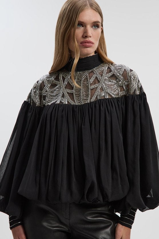 Crystal Embellished Cutwork Cape Detail Woven Drama Blouse