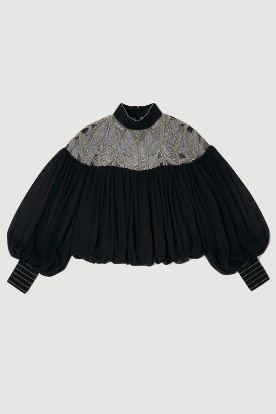 Crystal Embellished Cutwork Cape Detail Woven Drama Blouse