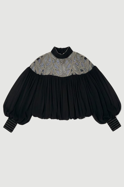 Crystal Embellished Cutwork Cape Detail Woven Drama Blouse