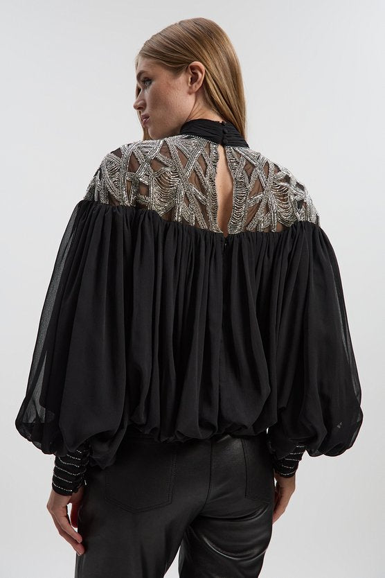 Crystal Embellished Cutwork Cape Detail Woven Drama Blouse